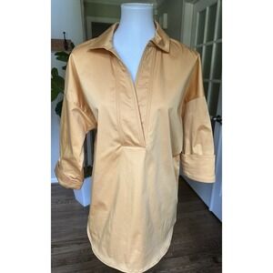 Elie Tahari Blue Label Tunic Blouse M Gold Cotton Blend 3/4 Sleeve V-Neck Top